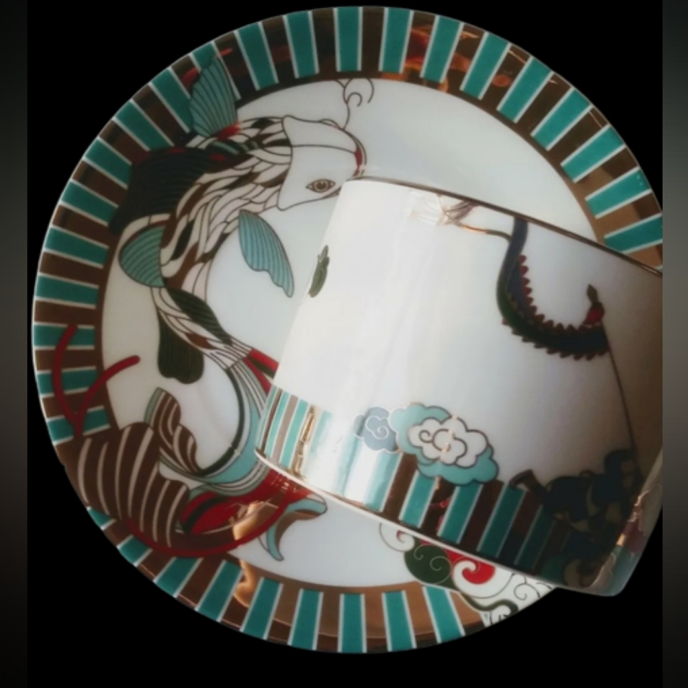 *NWOT The Forbidden City Culture Koi Fish Asian Porcelain Teacup Saucer Set